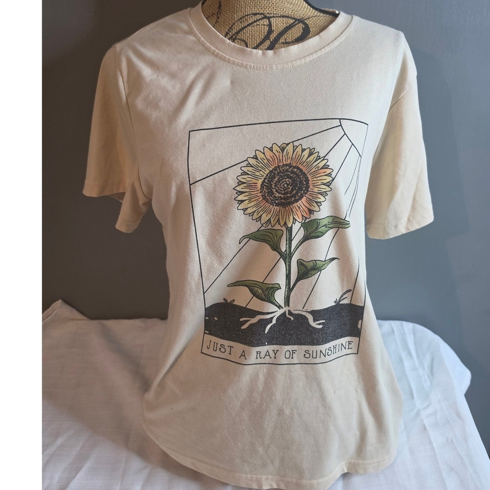 Womens Just a Ray of Sunshine Sunflower Graphic Tee Cream Short Sleeve T-Shirt